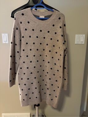 Hem & Thread Taupe Longline Crewneck Sweater Dress with Black Polka Dots